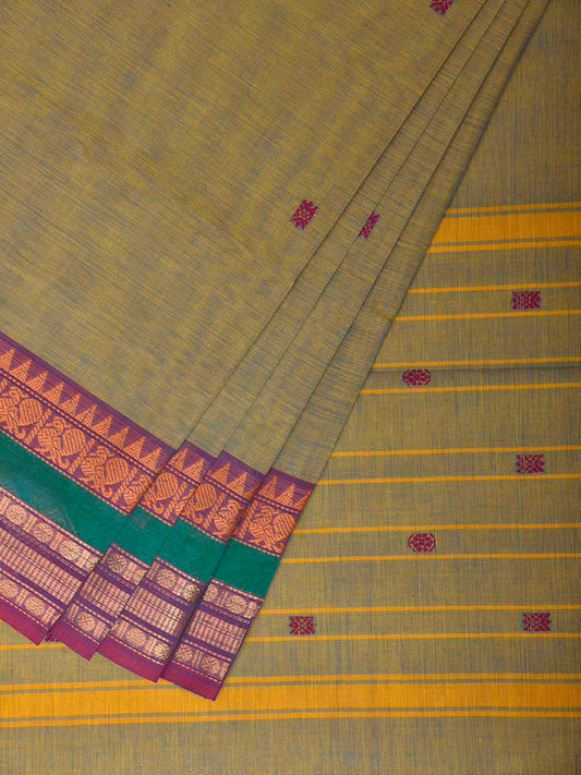 Sea Green Kanchipuram Cotton Saree with Strips Pallu and Border Design No Blouse k1029