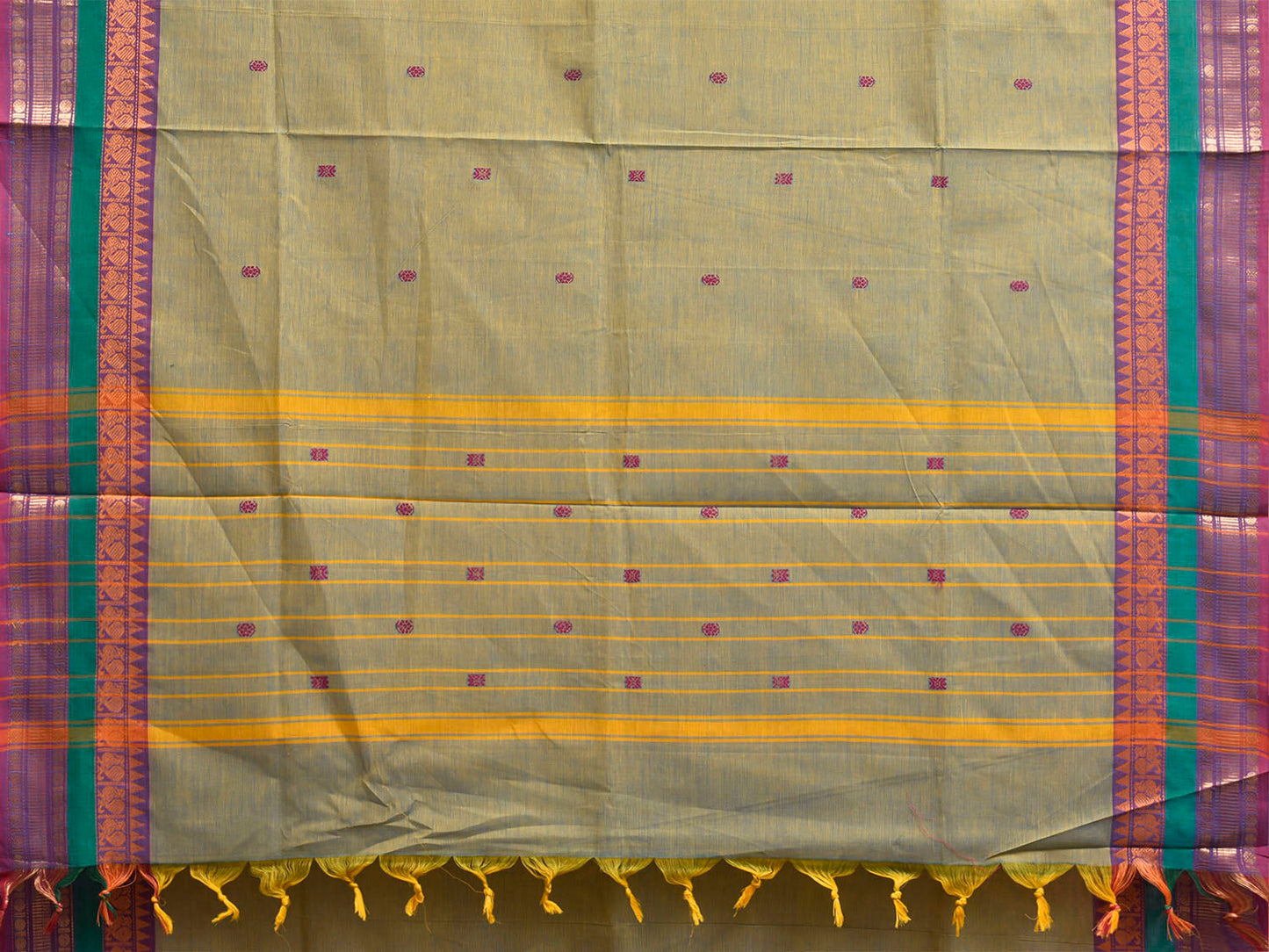 Sea Green Kanchipuram Cotton Saree with Strips Pallu and Border Design No Blouse k1029