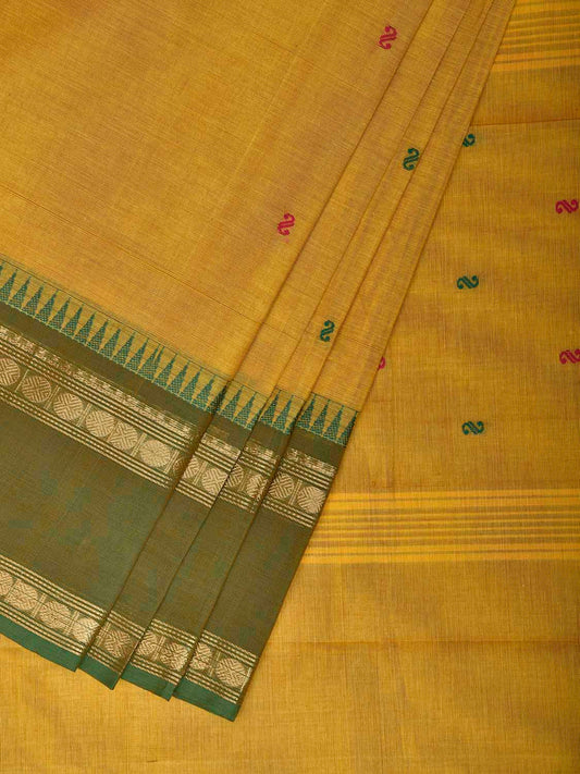 Yellow Kanchipuram Cotton Saree with Ganga-Jamuna Border Design No Blouse k1030