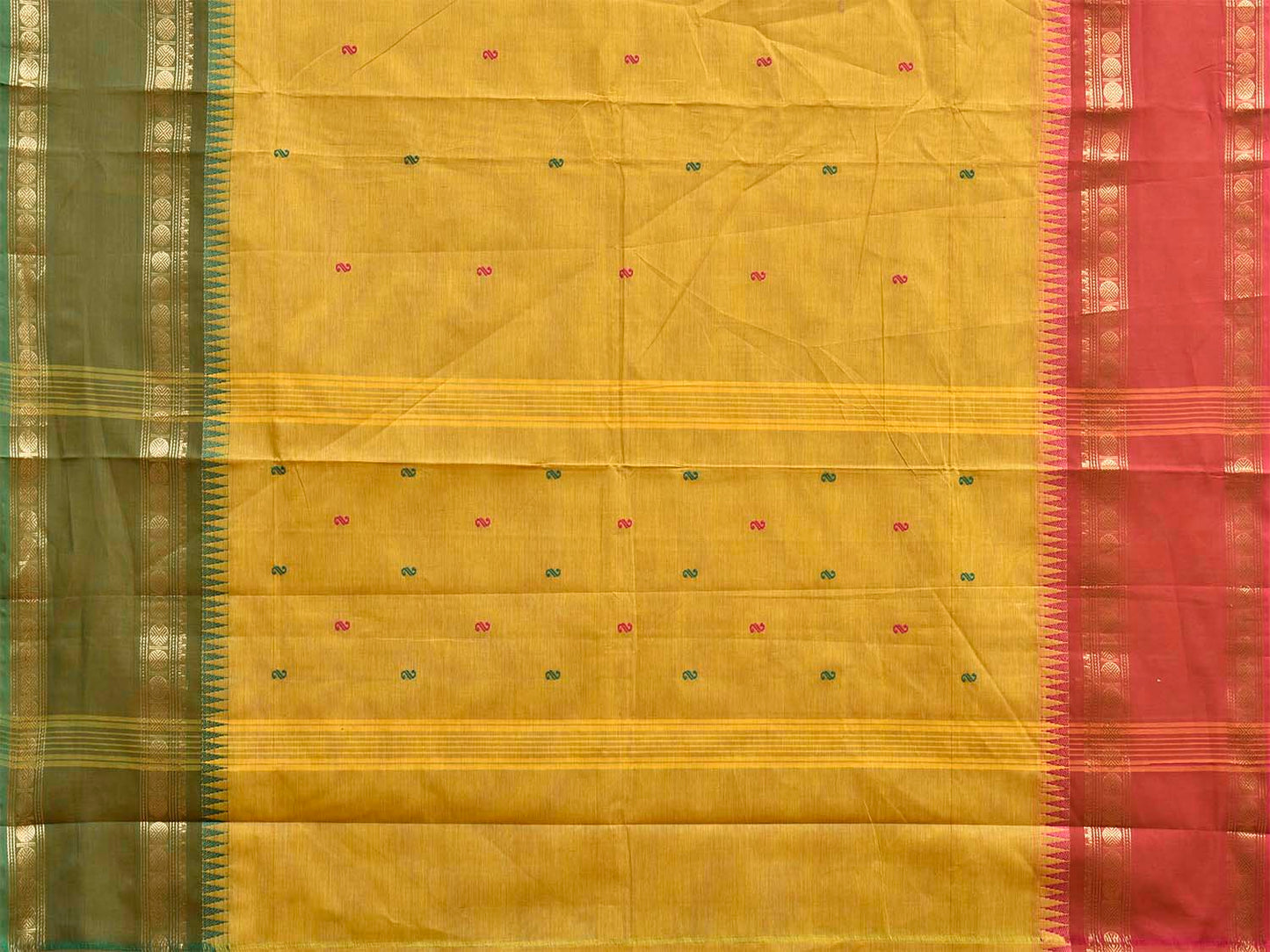 Yellow Kanchipuram Cotton Saree with Ganga-Jamuna Border Design No Blouse k1030