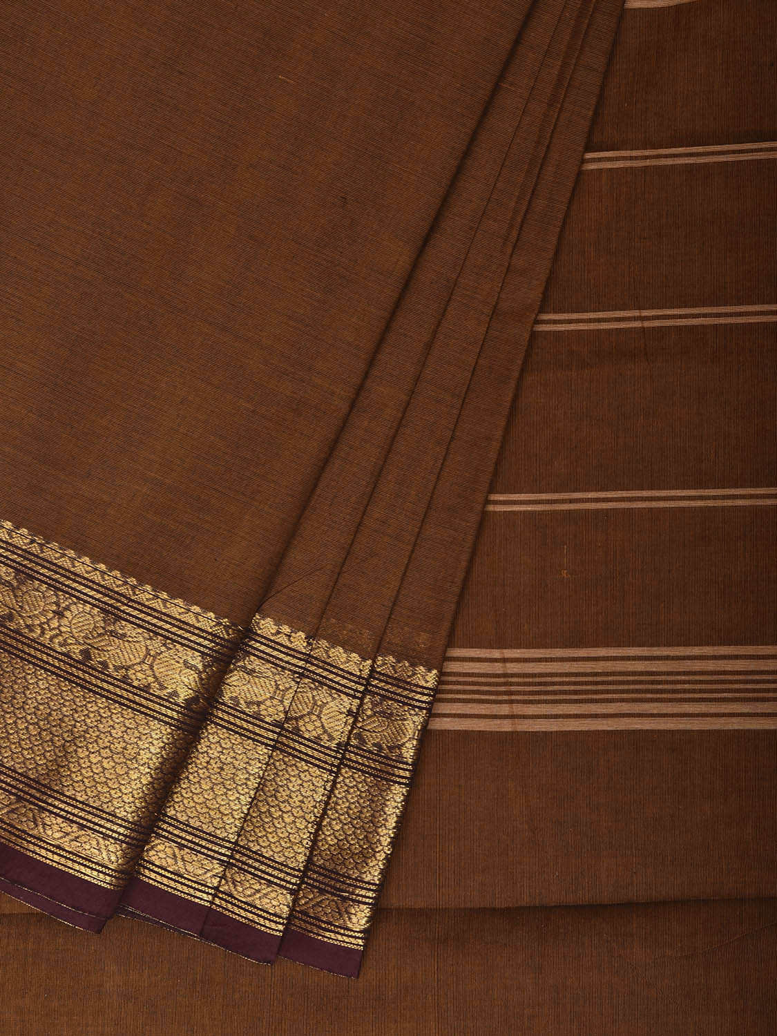 Light Brown Kanchipuram Cotton Plain Saree with Strips Pallu and Border Design No Blouse k1031
