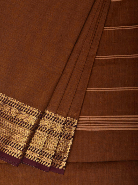 Light Brown Kanchipuram Cotton Plain Saree with Strips Pallu and Border Design No Blouse k1031