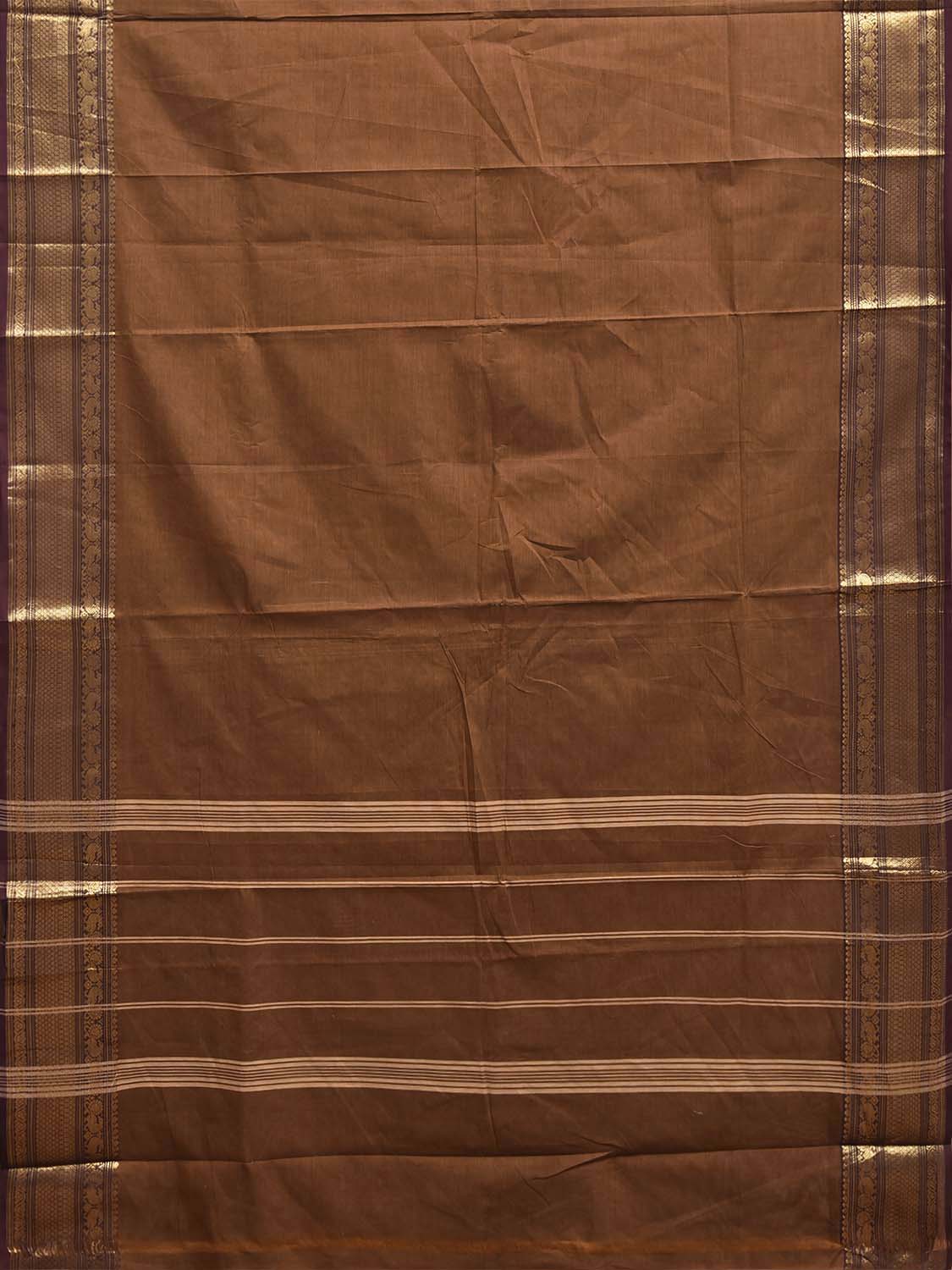 Light Brown Kanchipuram Cotton Plain Saree with Strips Pallu and Border Design No Blouse k1031