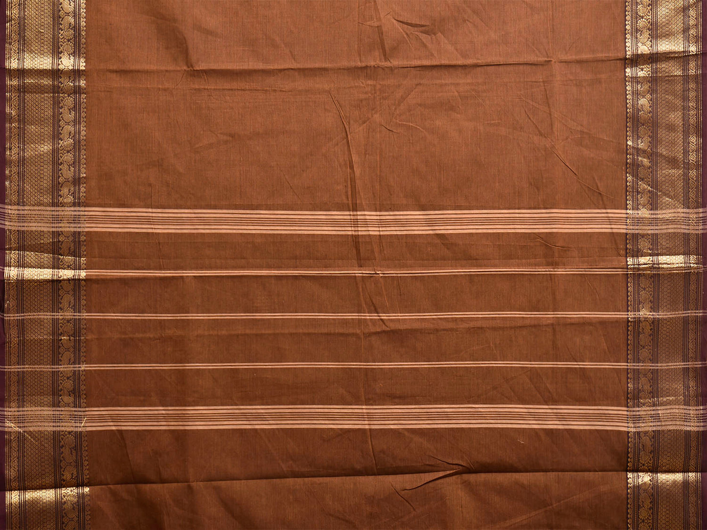 Light Brown Kanchipuram Cotton Plain Saree with Strips Pallu and Border Design No Blouse k1031