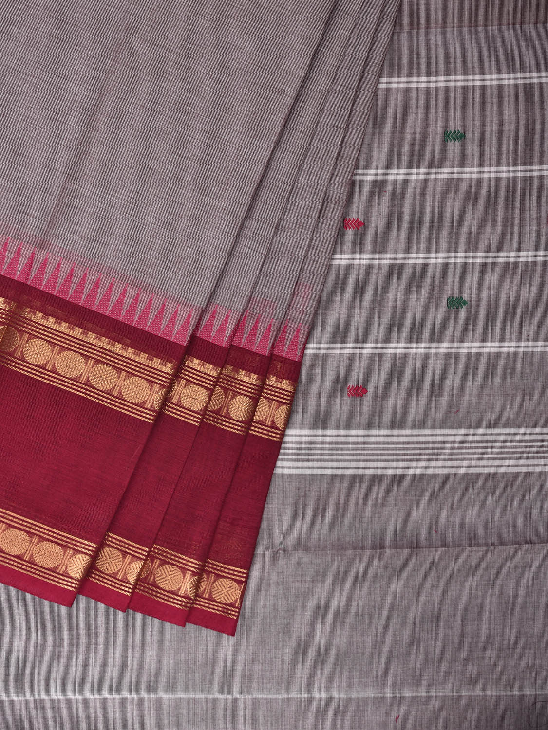 Light Grey Kanchipuram Cotton Saree with Ganga-Jamuna Border Design No Blouse k1032