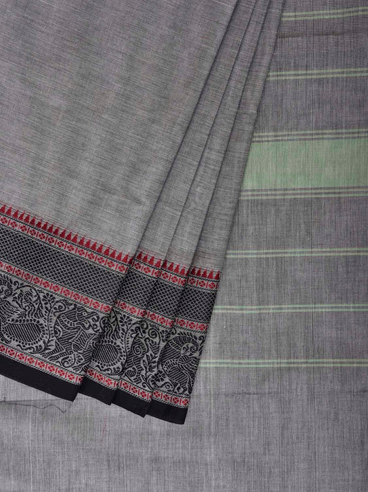 Light Grey Kanchipuram Cotton Plain Saree with Strips Pallu and Border Design No Blouse k1033