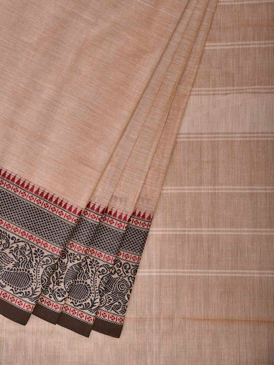 Cream Kanchipuram Cotton Plain Saree with Strips Pallu and Border Design No Blouse k1035