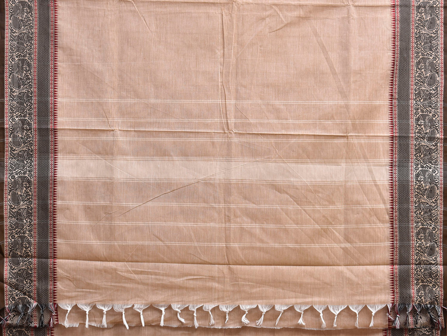 Cream Kanchipuram Cotton Plain Saree with Strips Pallu and Border Design No Blouse k1035