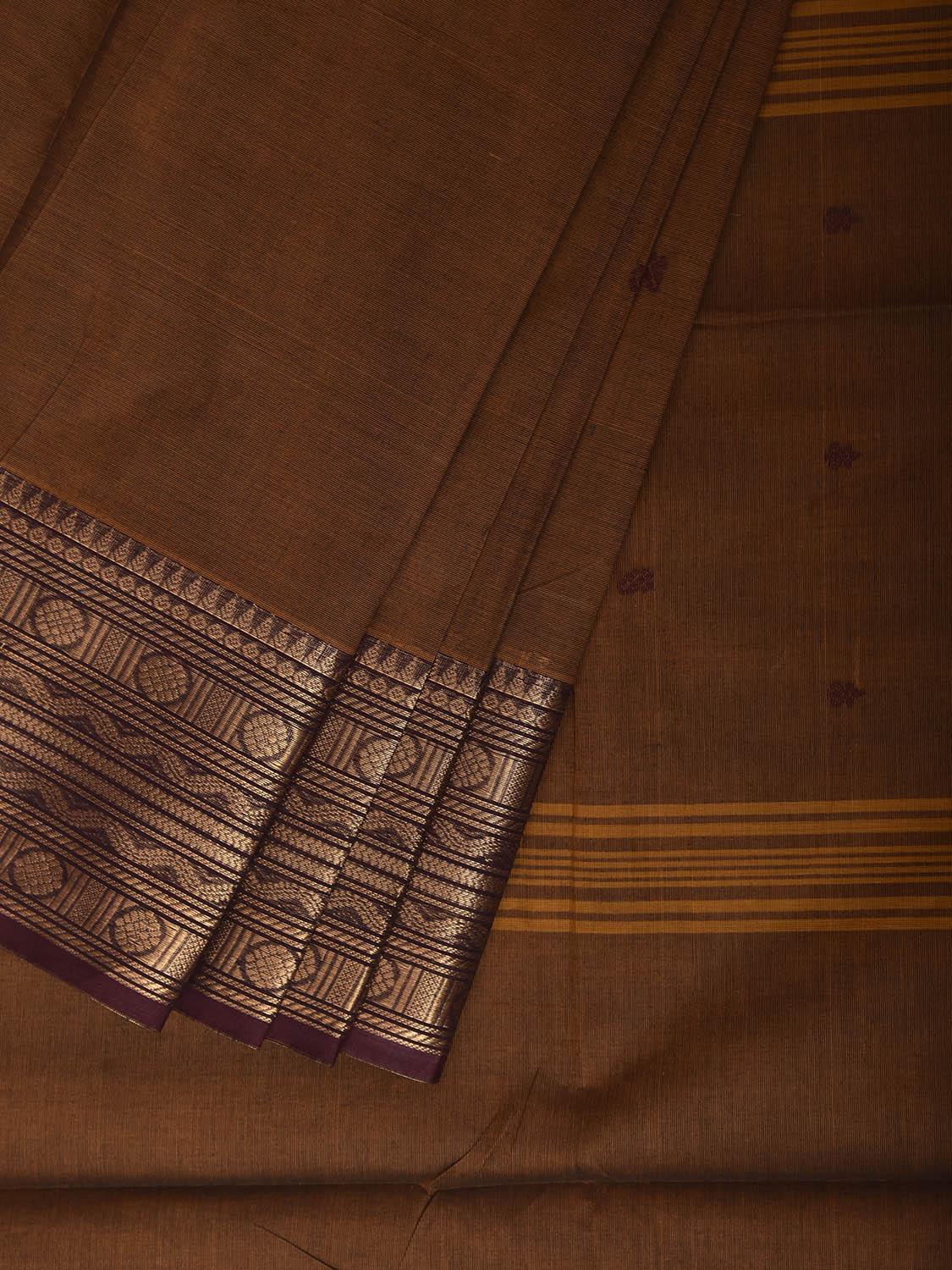 Light Brown Kanchipuram Cotton Saree with Strips Pallu and Border Design No Blouse k1036