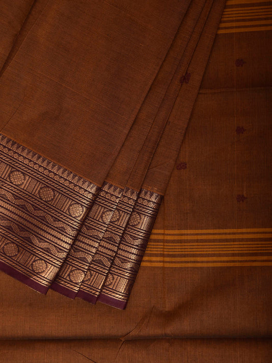 Light Brown Kanchipuram Cotton Saree with Strips Pallu and Border Design No Blouse k1036