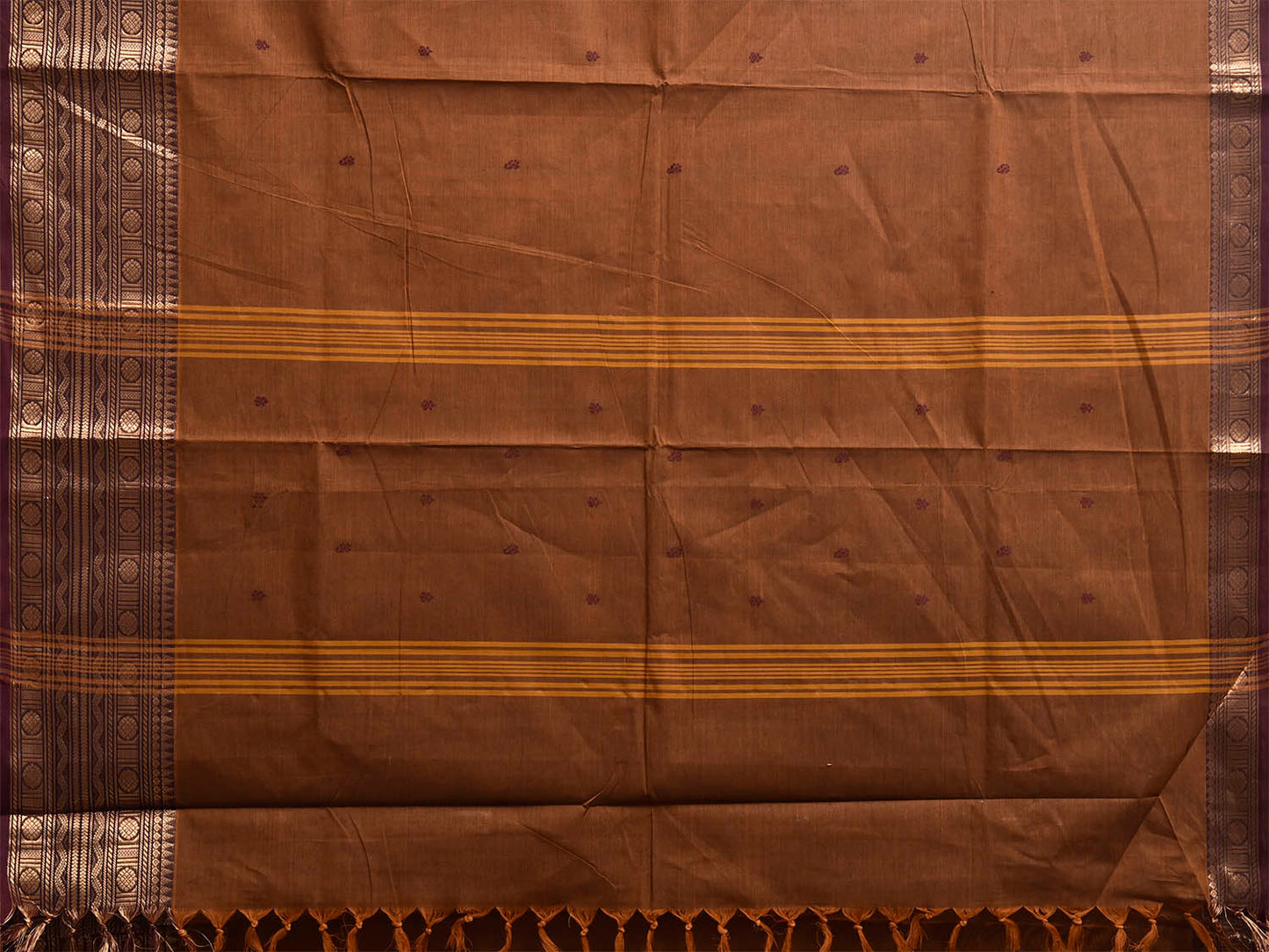 Light Brown Kanchipuram Cotton Saree with Strips Pallu and Border Design No Blouse k1036