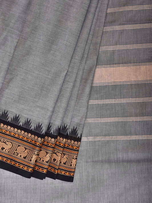 Light Grey Kanchipuram Cotton Plain Saree with Big Border Design No Blouse k1037