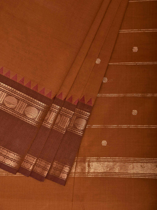 Rust and Light Brown Kanchipuram Cotton Saree with Strips Pallu and Border Design No Blouse k1038