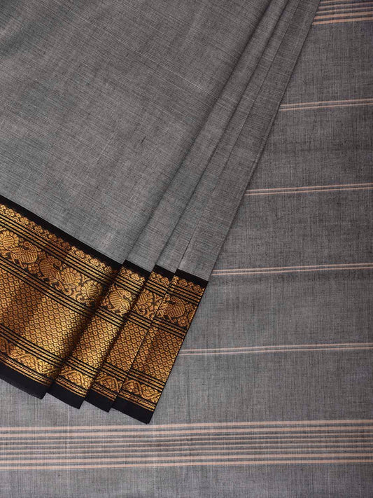 Light Grey Kanchipuram Cotton Plain Saree with Strips Pallu and Border Design No Blouse k1039