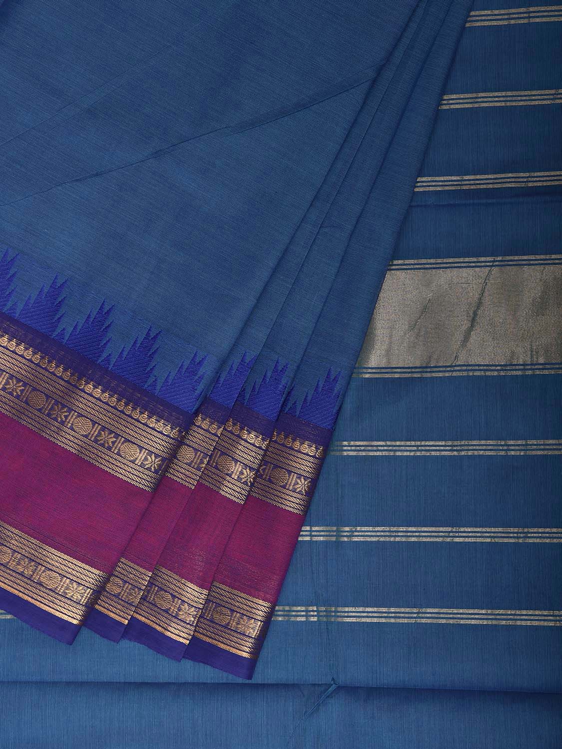 Blue Kanchipuram Cotton Plain Saree with Big Temple Border Design No Blouse k1040