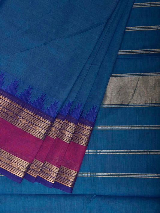 Blue Kanchipuram Cotton Plain Saree with Big Temple Border Design No Blouse k1040