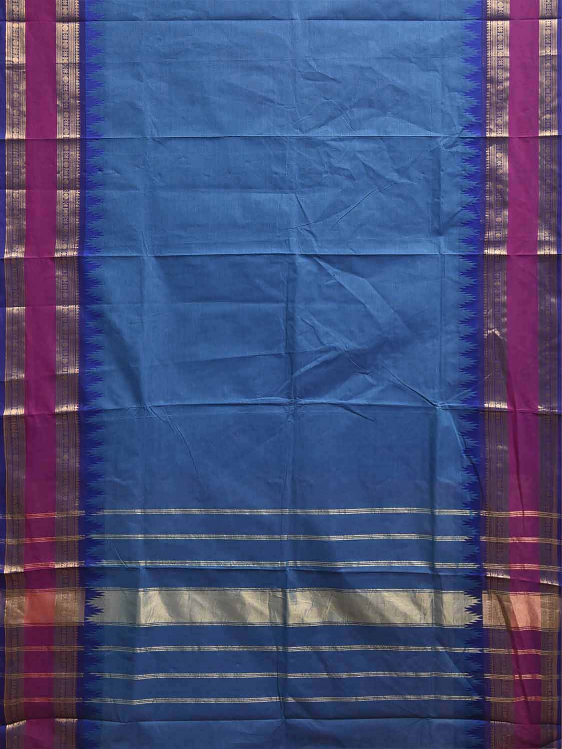 Blue Kanchipuram Cotton Plain Saree with Big Temple Border Design No Blouse k1040