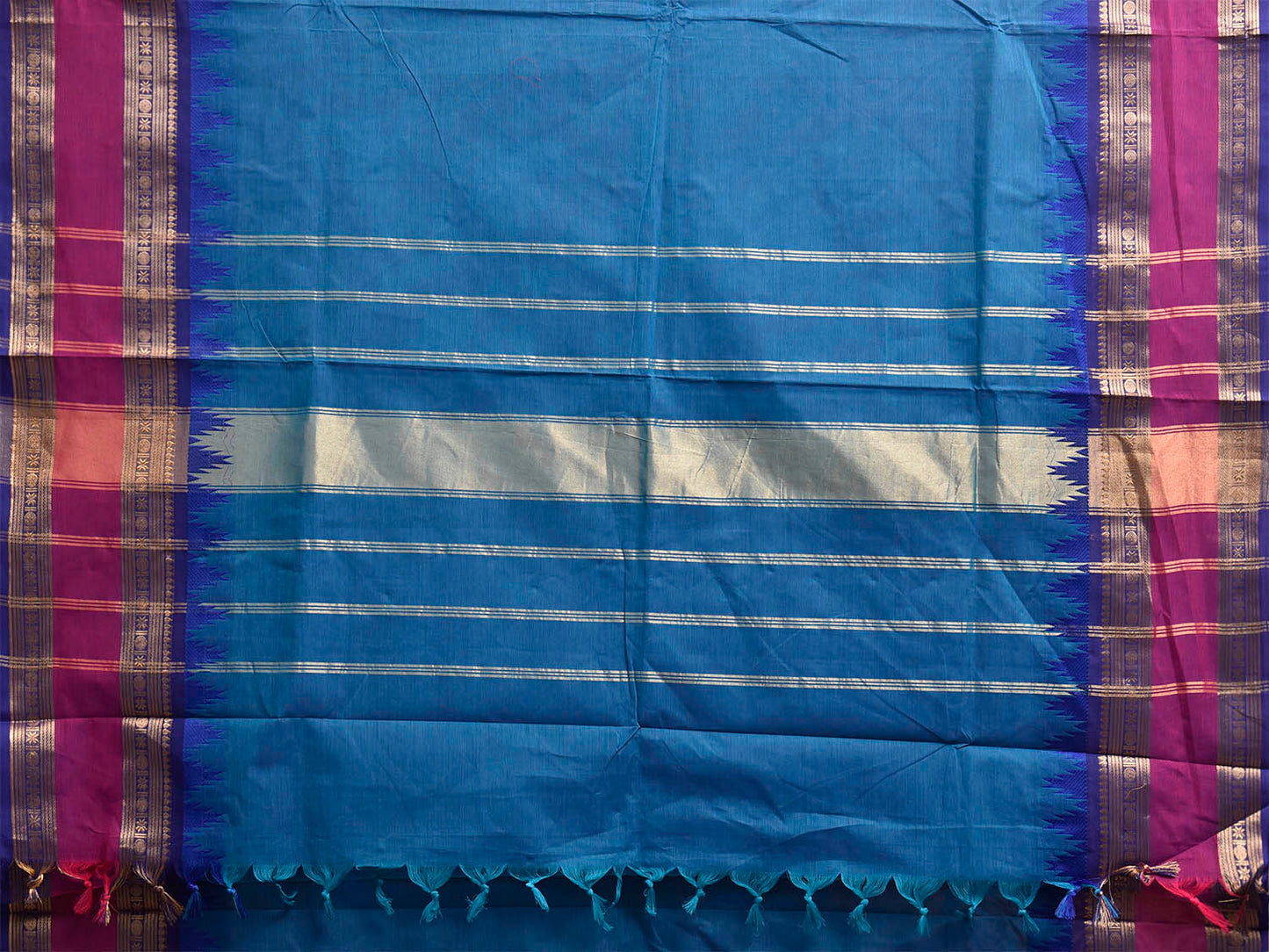 Blue Kanchipuram Cotton Plain Saree with Big Temple Border Design No Blouse k1040