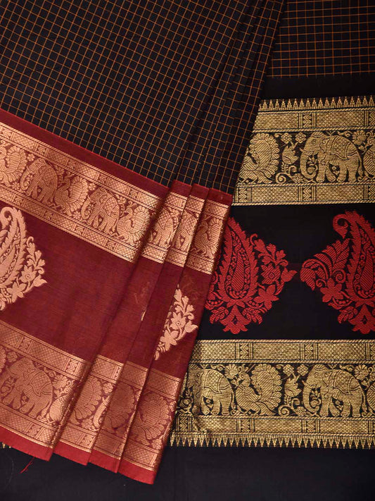 Black and Maroon Kanchipuram Cotton Saree with Checks and Big Border Design k1041