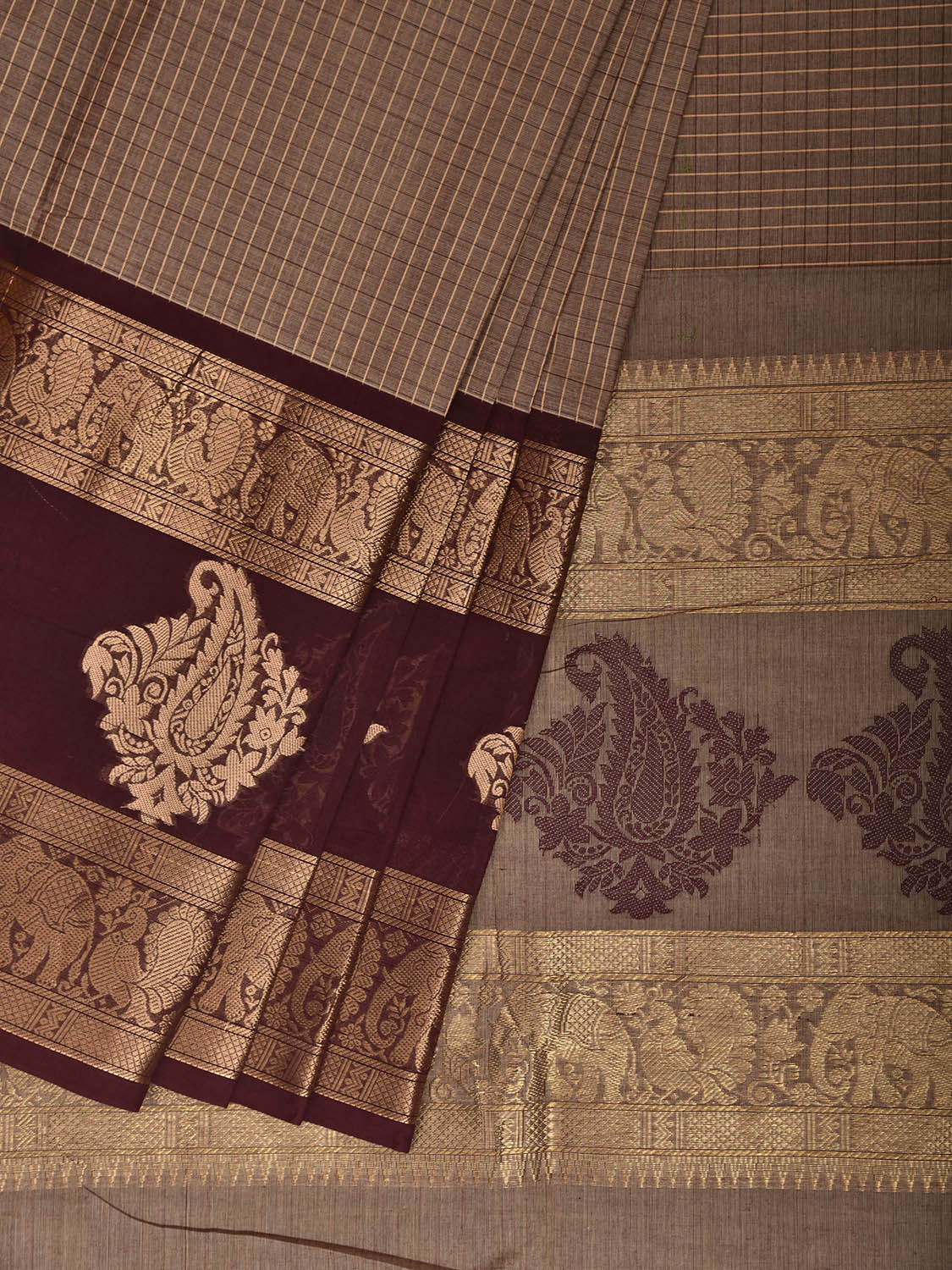 Light Fawn and Brown Kanchipuram Cotton Saree with Checks and One Side Border Design k1043