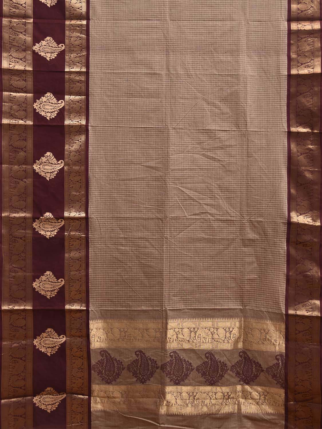 Light Fawn and Brown Kanchipuram Cotton Saree with Checks and One Side Border Design k1043