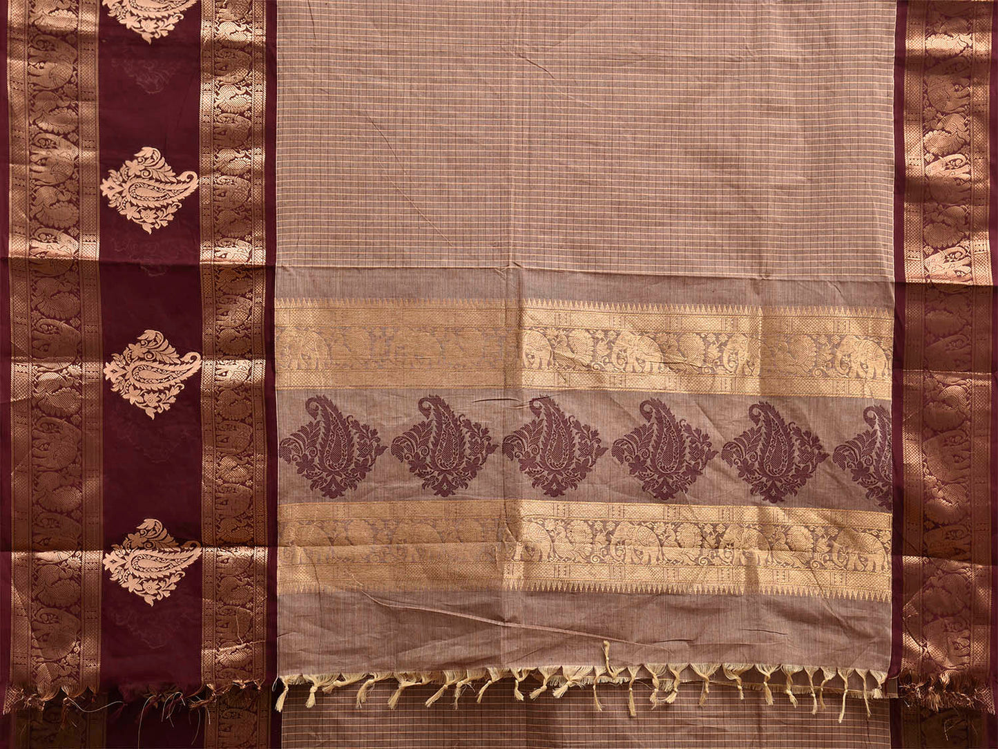 Light Fawn and Brown Kanchipuram Cotton Saree with Checks and One Side Border Design k1043