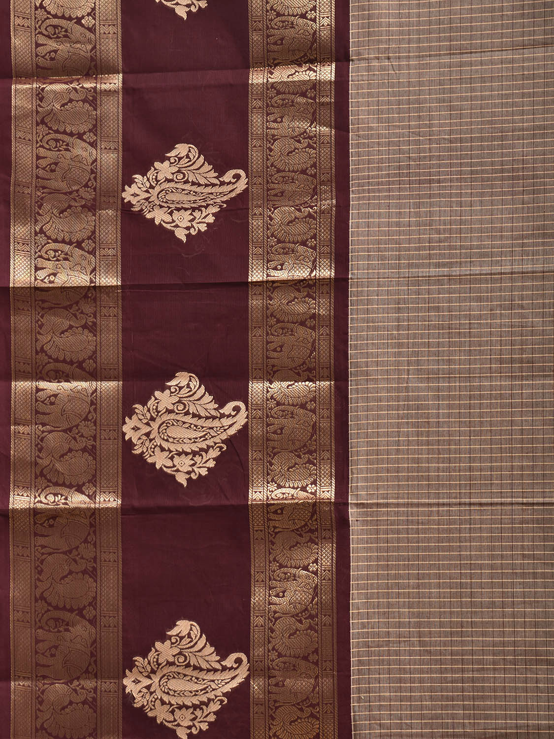 Light Fawn and Brown Kanchipuram Cotton Saree with Checks and One Side Border Design k1043