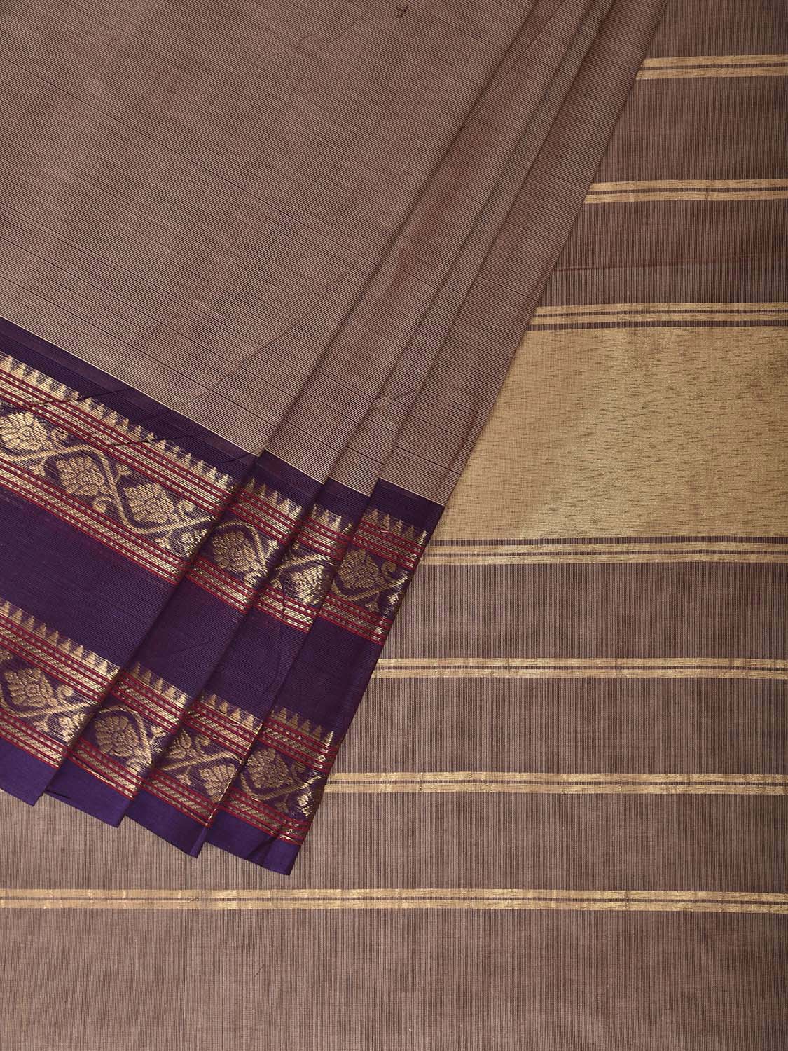 Light Fawn and Purple Kanchipuram Cotton Plain Saree with Border and Strips Pallu Design k1044