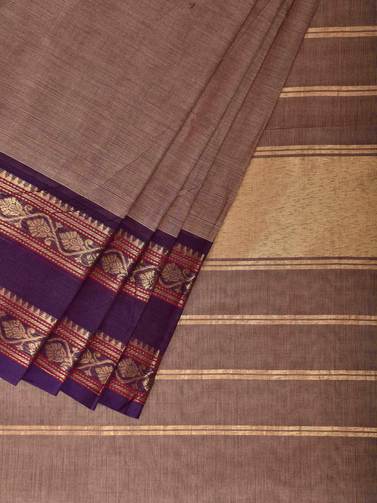 Light Fawn and Purple Kanchipuram Cotton Plain Saree with Border and Strips Pallu Design k1044