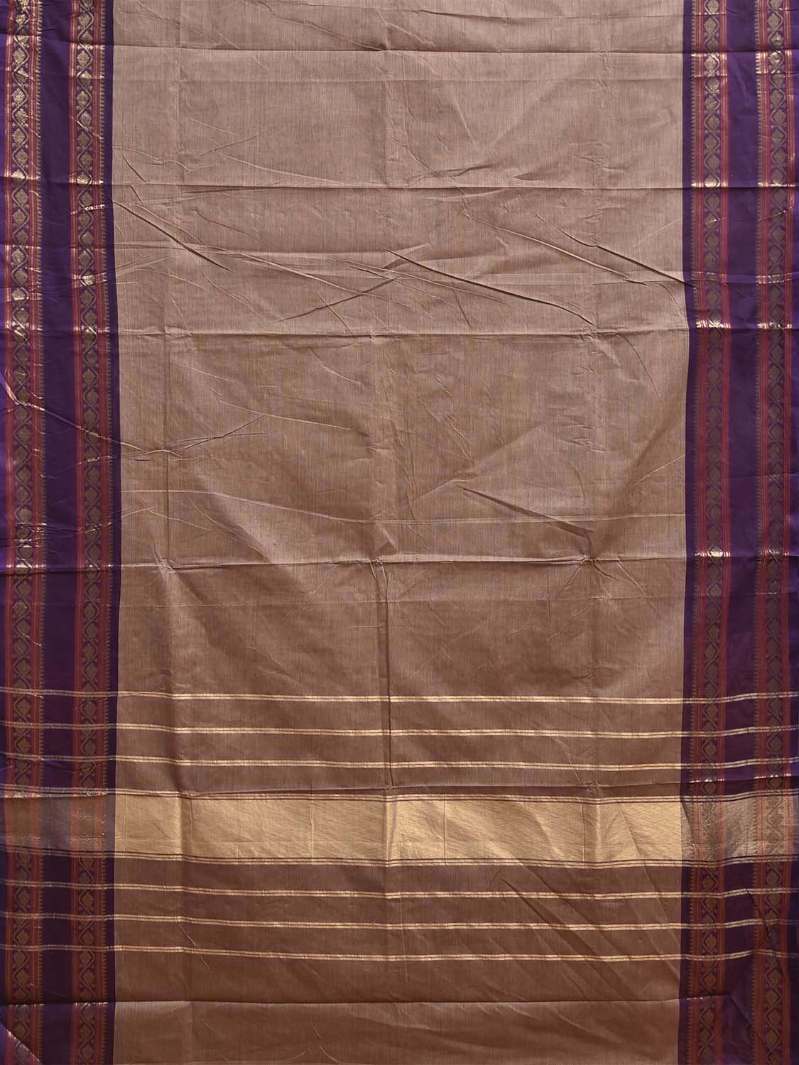 Light Fawn and Purple Kanchipuram Cotton Plain Saree with Border and Strips Pallu Design k1044