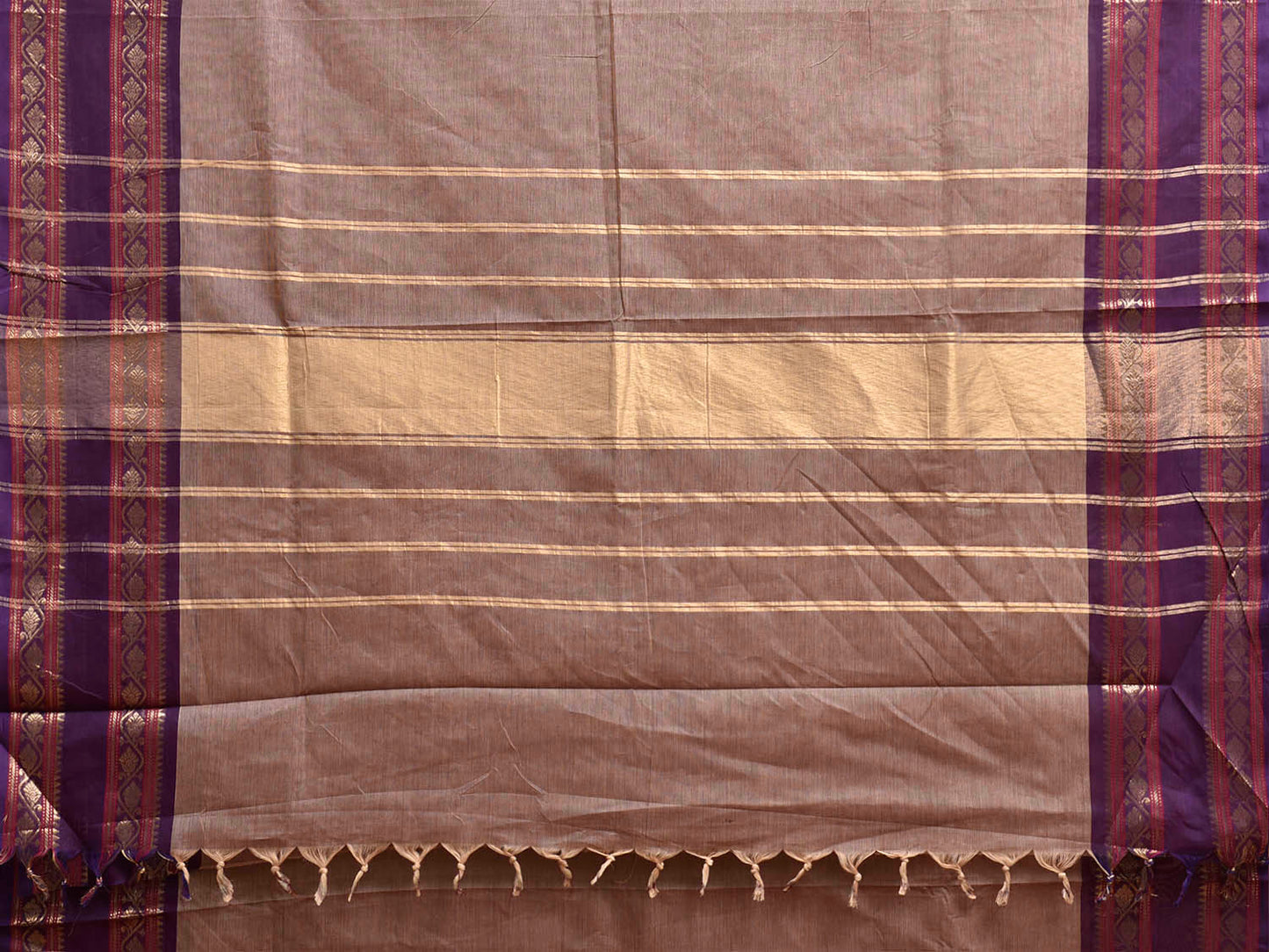 Light Fawn and Purple Kanchipuram Cotton Plain Saree with Border and Strips Pallu Design k1044