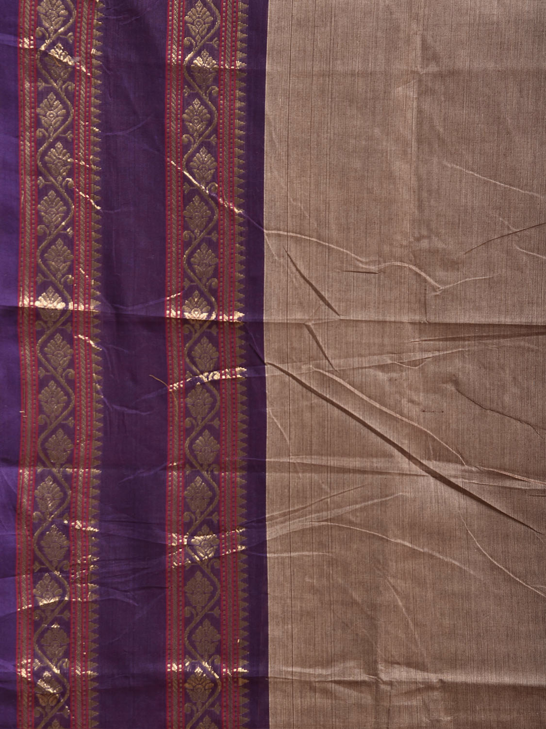 Light Fawn and Purple Kanchipuram Cotton Plain Saree with Border and Strips Pallu Design k1044