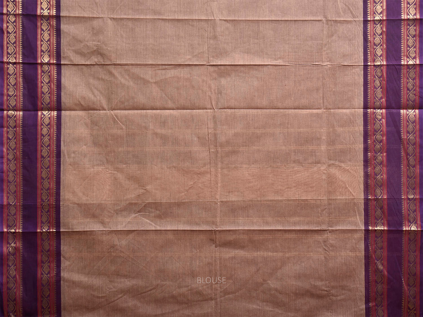 Light Fawn and Purple Kanchipuram Cotton Plain Saree with Border and Strips Pallu Design k1044