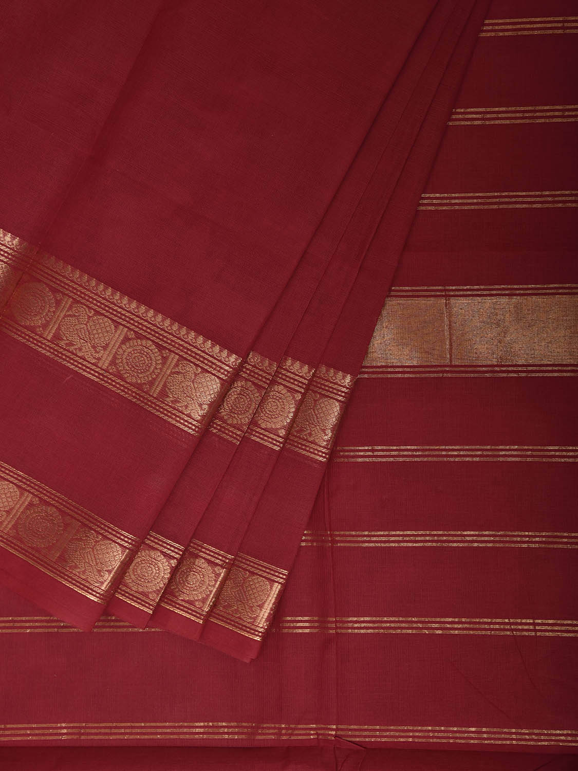 Red Kanchipuram Cotton Plain Saree with Border and Strips Pallu Design k1045