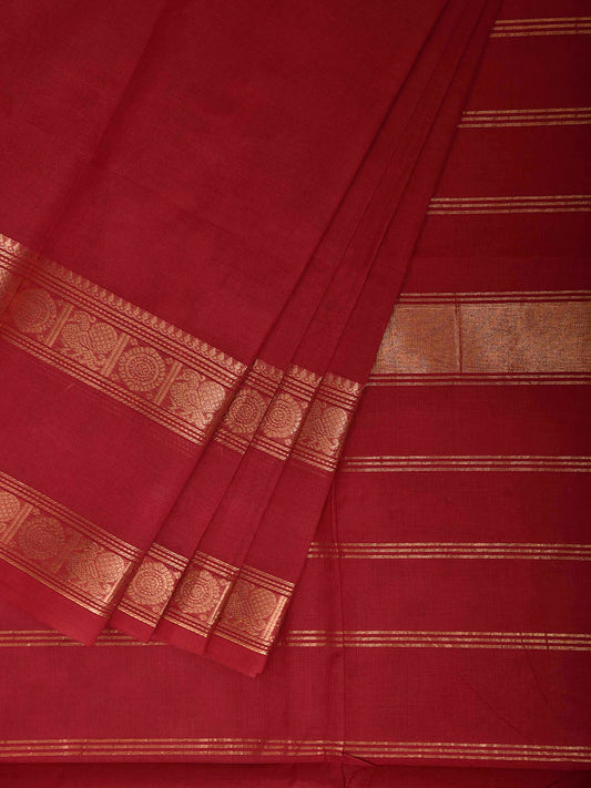 Red Kanchipuram Cotton Plain Saree with Border and Strips Pallu Design k1045
