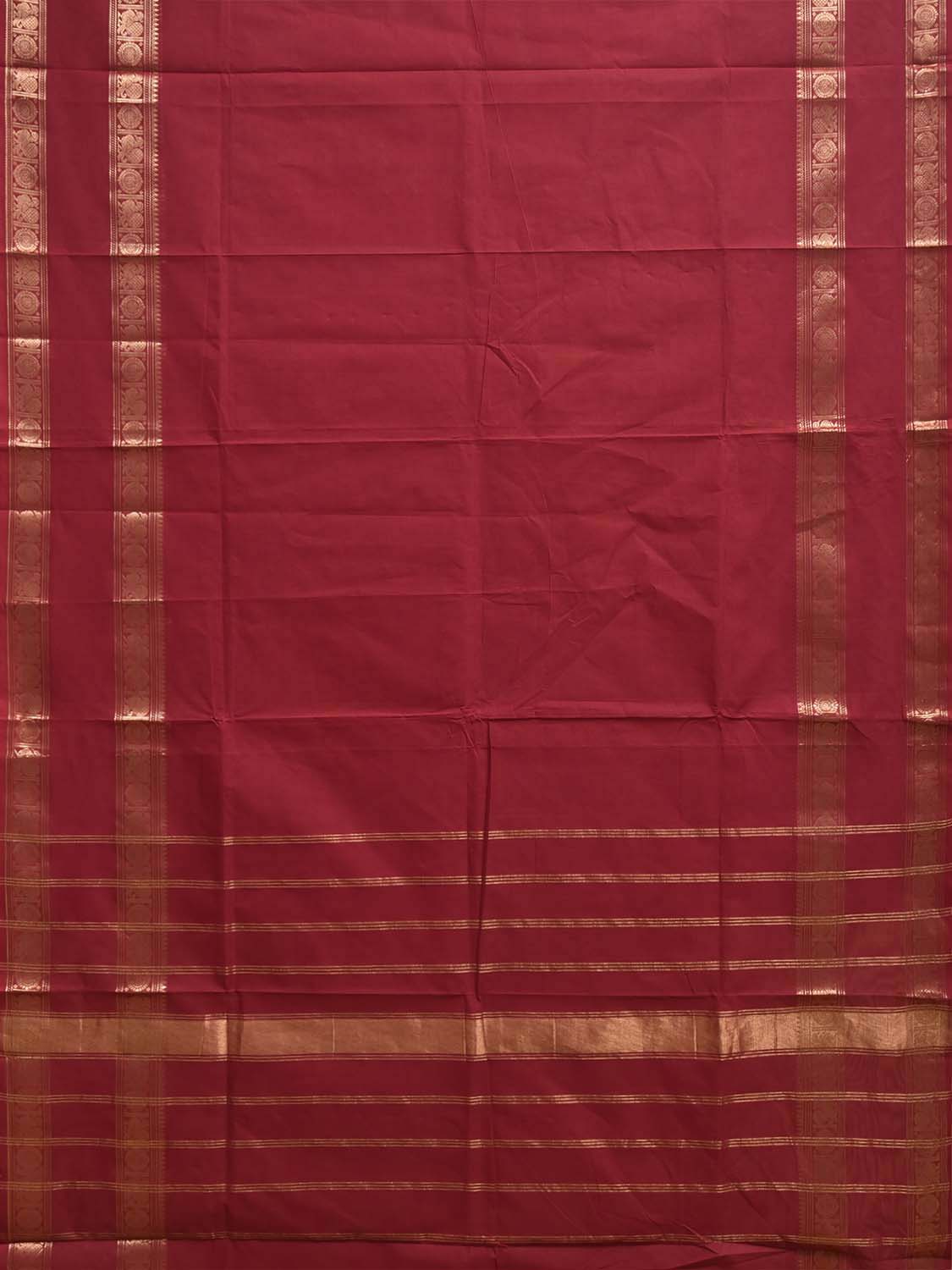 Red Kanchipuram Cotton Plain Saree with Border and Strips Pallu Design k1045