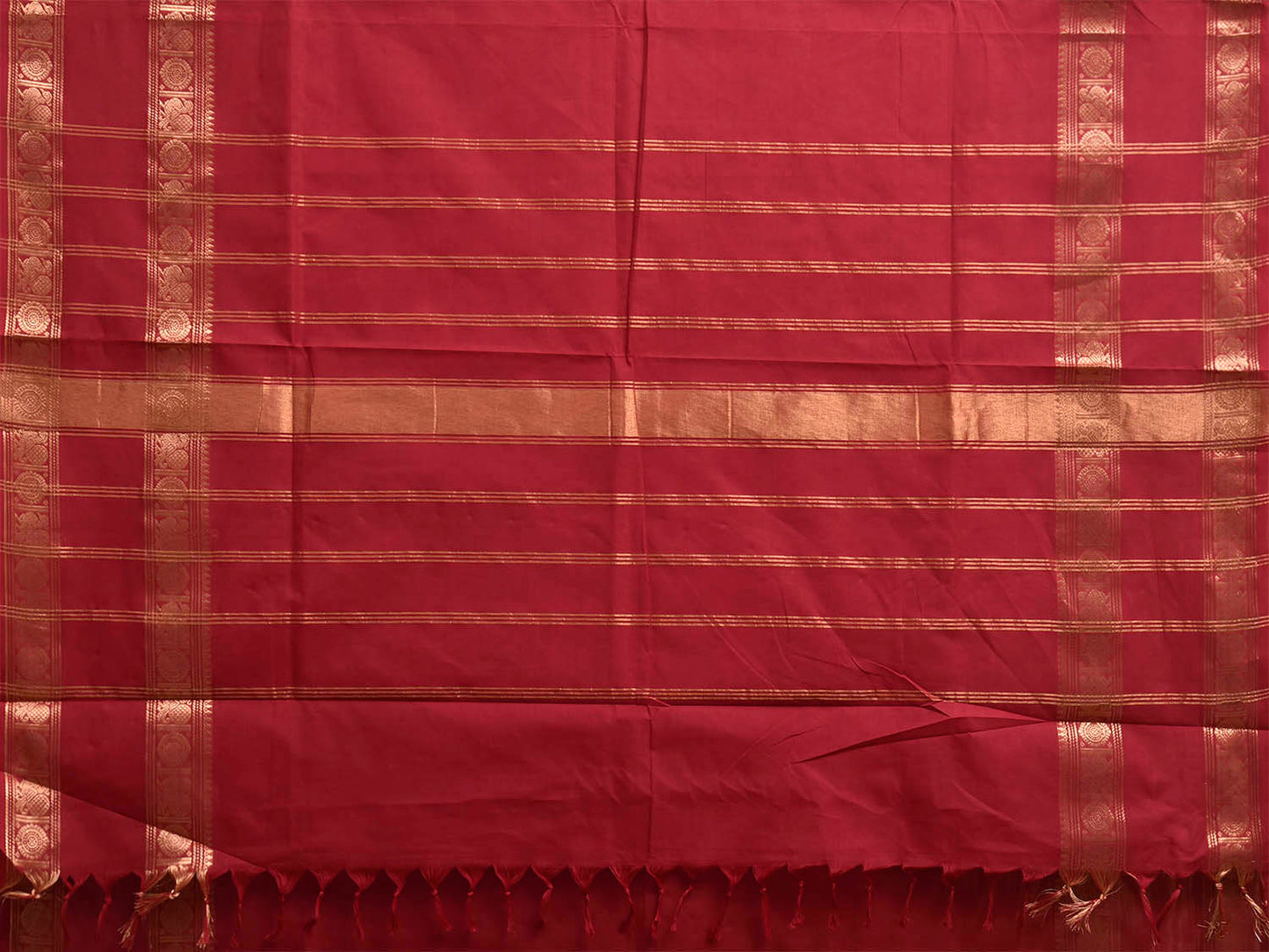 Red Kanchipuram Cotton Plain Saree with Border and Strips Pallu Design k1045