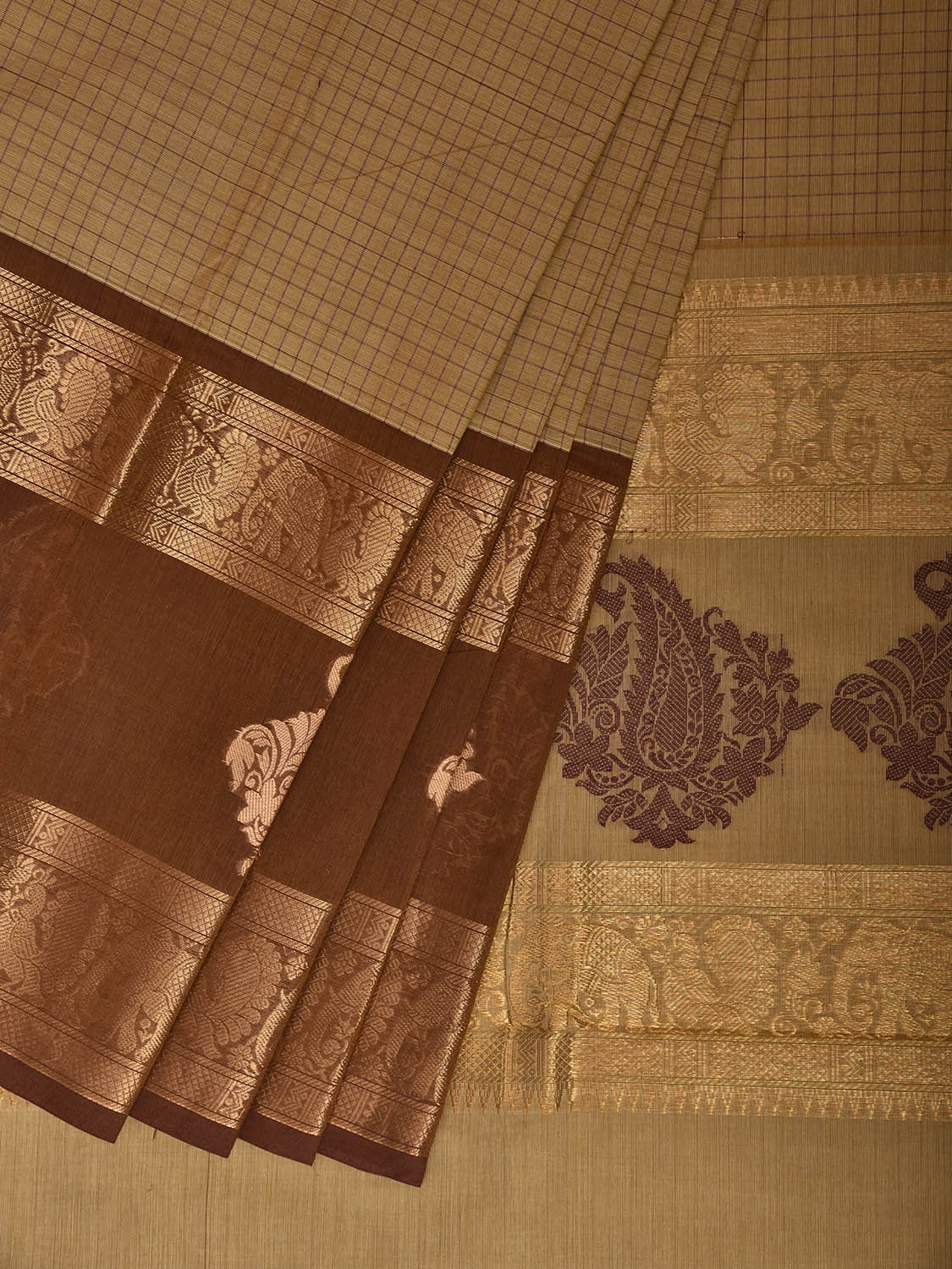 Cream and Light Brown Kanchipuram Cotton Saree with Checks and One Side Border Design k1046