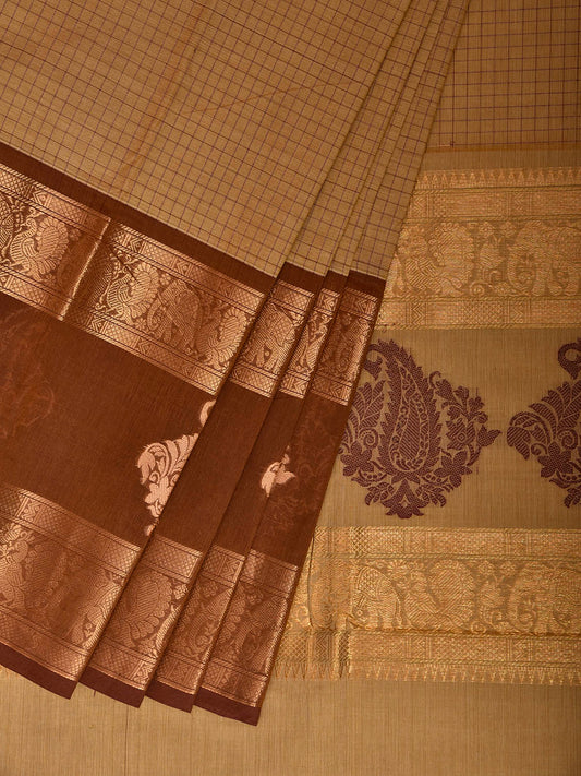 Cream and Light Brown Kanchipuram Cotton Saree with Checks and One Side Border Design k1046