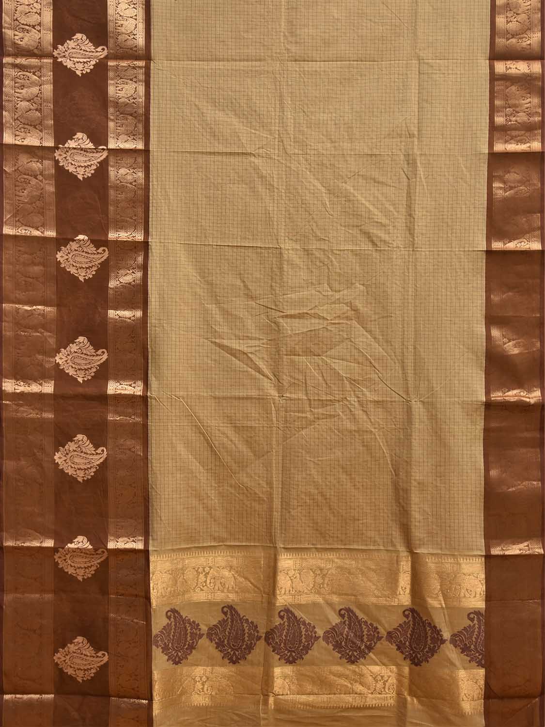 Cream and Light Brown Kanchipuram Cotton Saree with Checks and One Side Border Design k1046