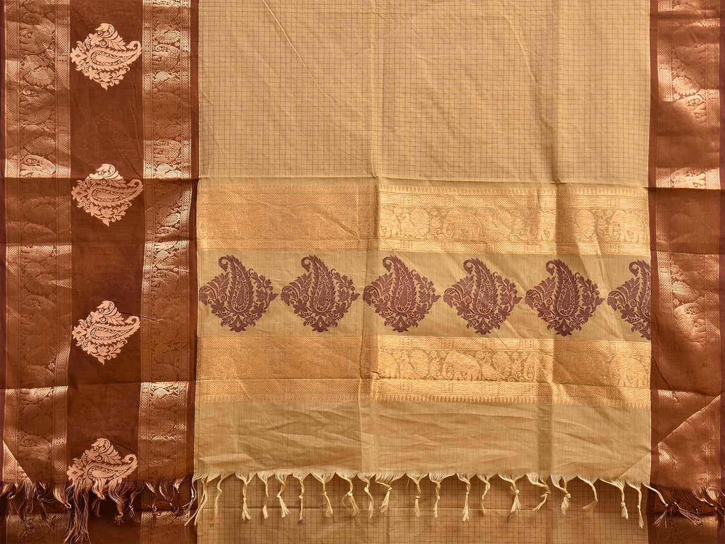Cream and Light Brown Kanchipuram Cotton Saree with Checks and One Side Border Design k1046