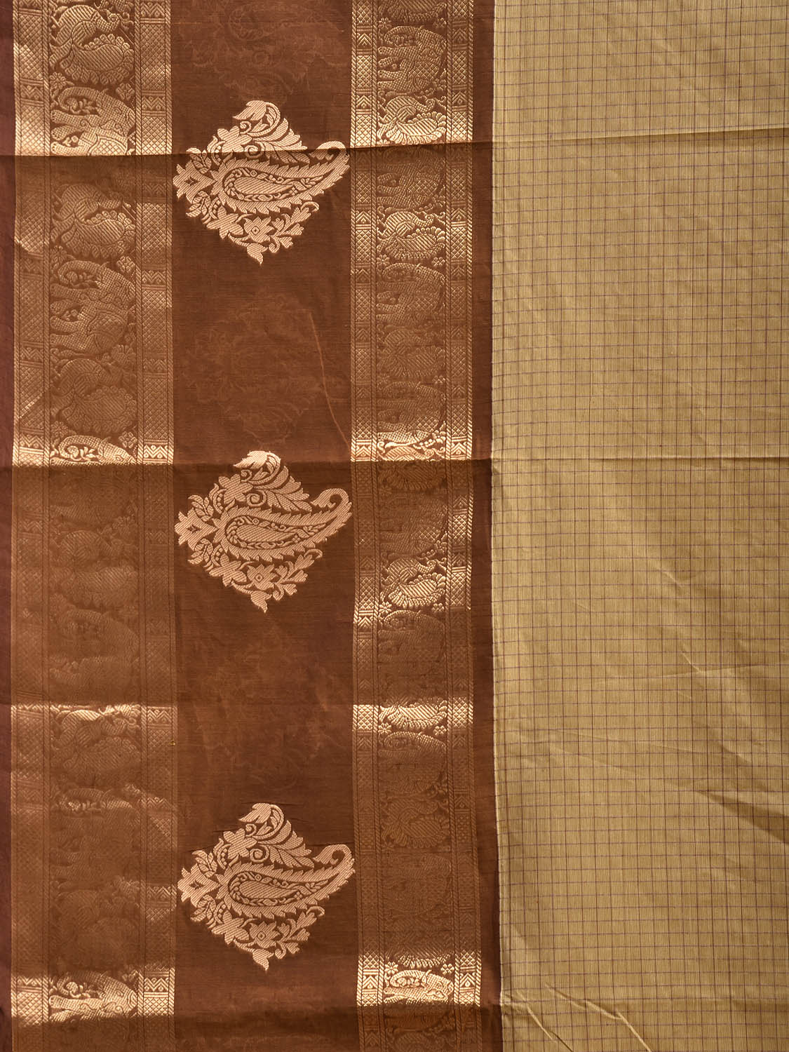 Cream and Light Brown Kanchipuram Cotton Saree with Checks and One Side Border Design k1046
