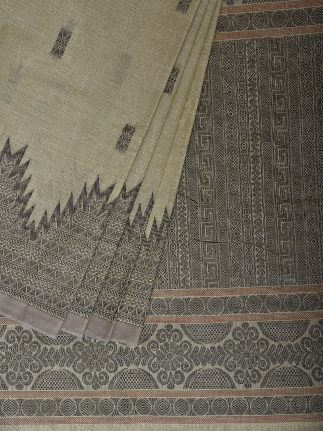 Sea Green and Grey Kanchipuram Cotton Saree with One Side Big Temple Border Design k1047