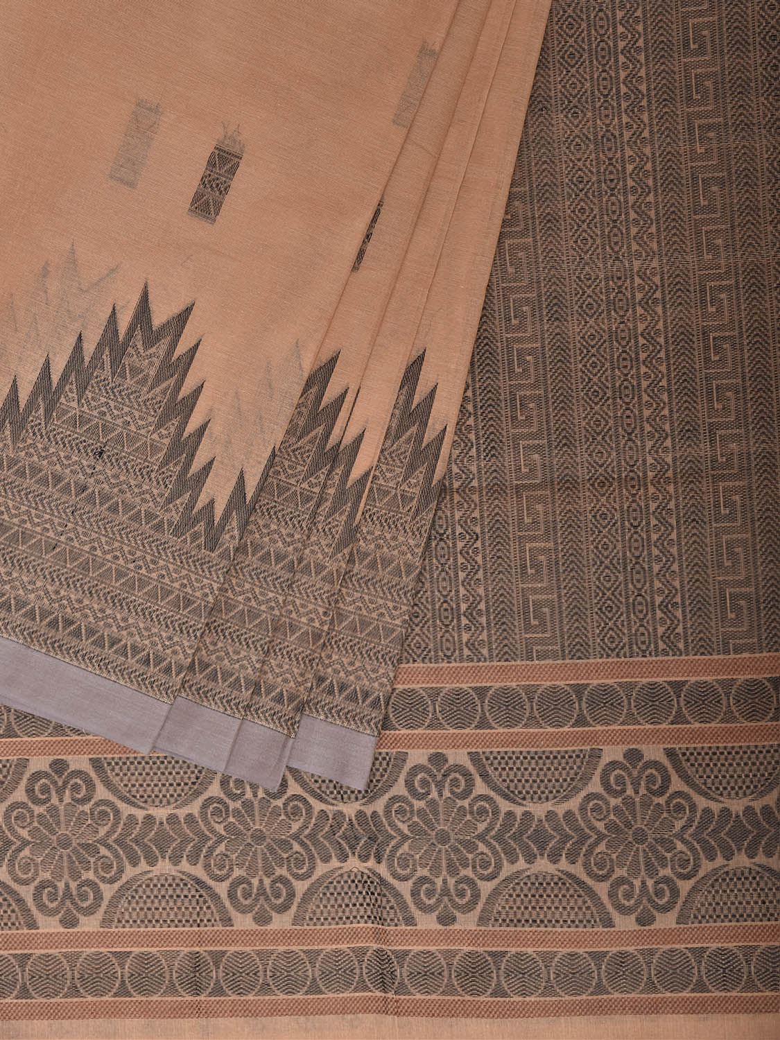 Light Orange and Grey Kanchipuram Cotton Saree with One Side Big Temple Border Design k1048