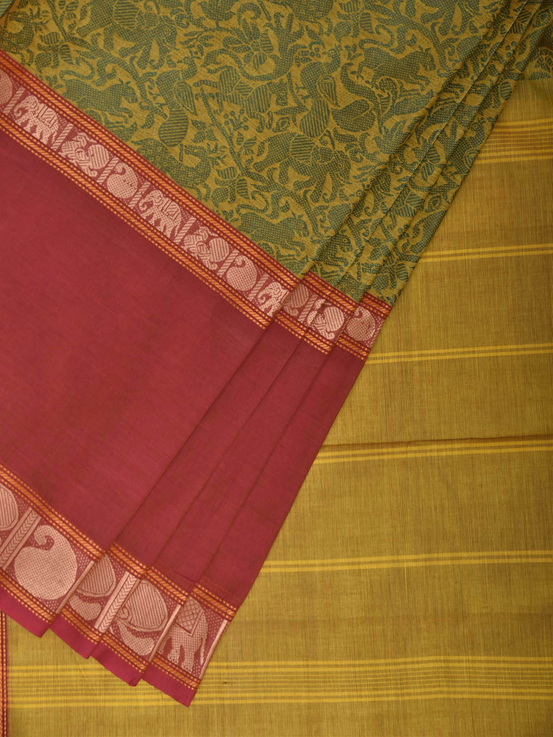 Green and Red Kanchipuram Cotton Saree with Middle Brocade Design k1049