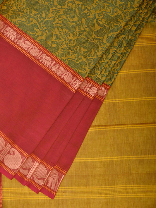 Green and Red Kanchipuram Cotton Saree with Middle Brocade Design k1049