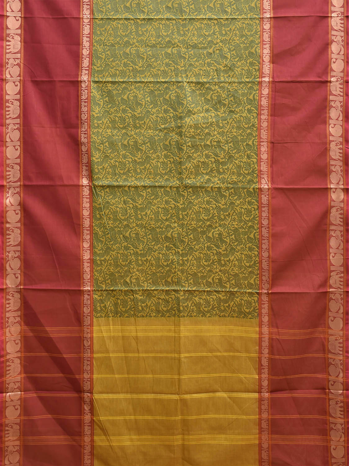 Green and Red Kanchipuram Cotton Saree with Middle Brocade Design k1049