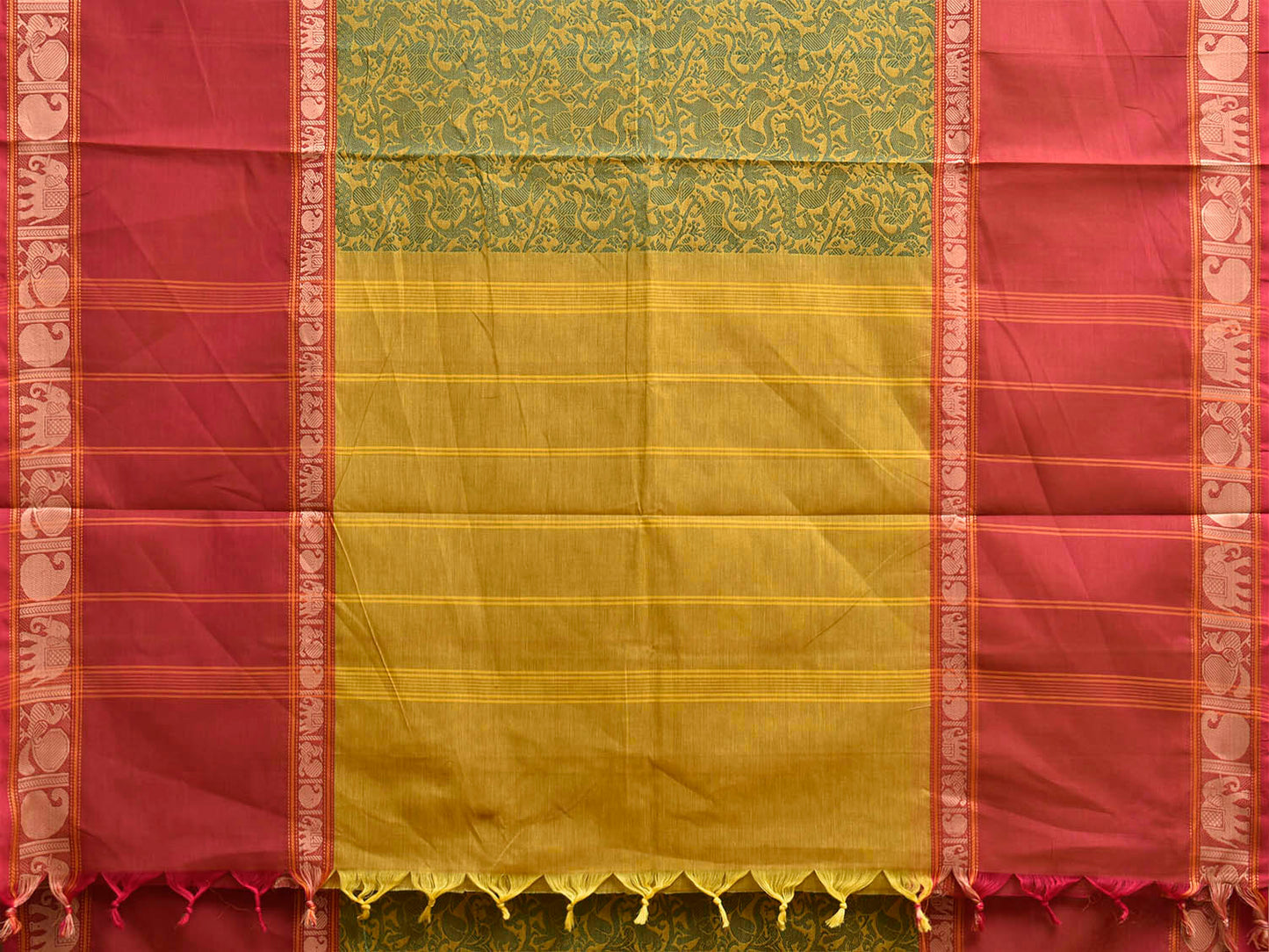 Green and Red Kanchipuram Cotton Saree with Middle Brocade Design k1049