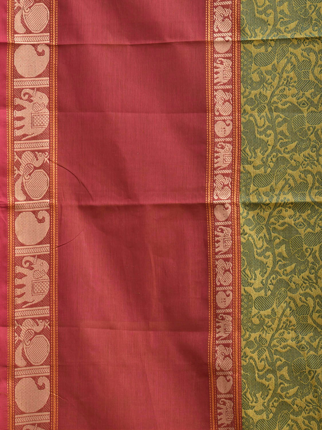 Green and Red Kanchipuram Cotton Saree with Middle Brocade Design k1049
