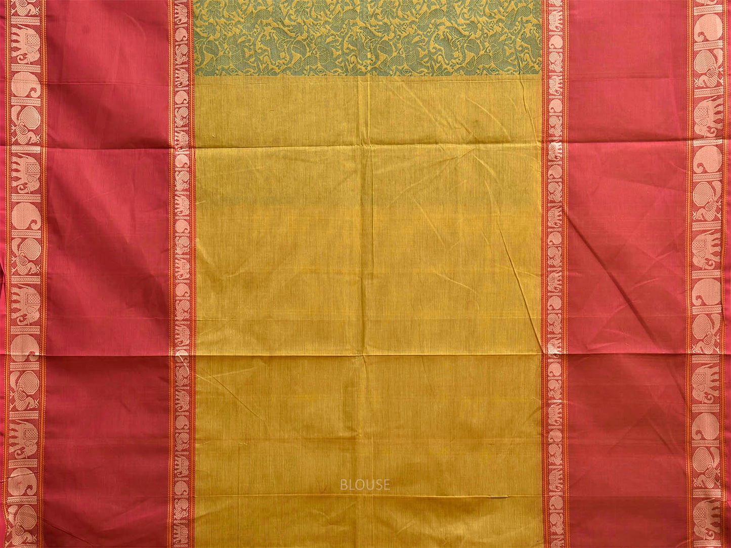 Green and Red Kanchipuram Cotton Saree with Middle Brocade Design k1049